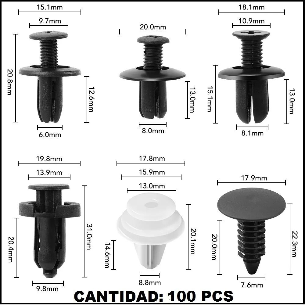Pines plásticos automotrices negros y blancos, 4 modelos con medidas, para asegurar carrocería.