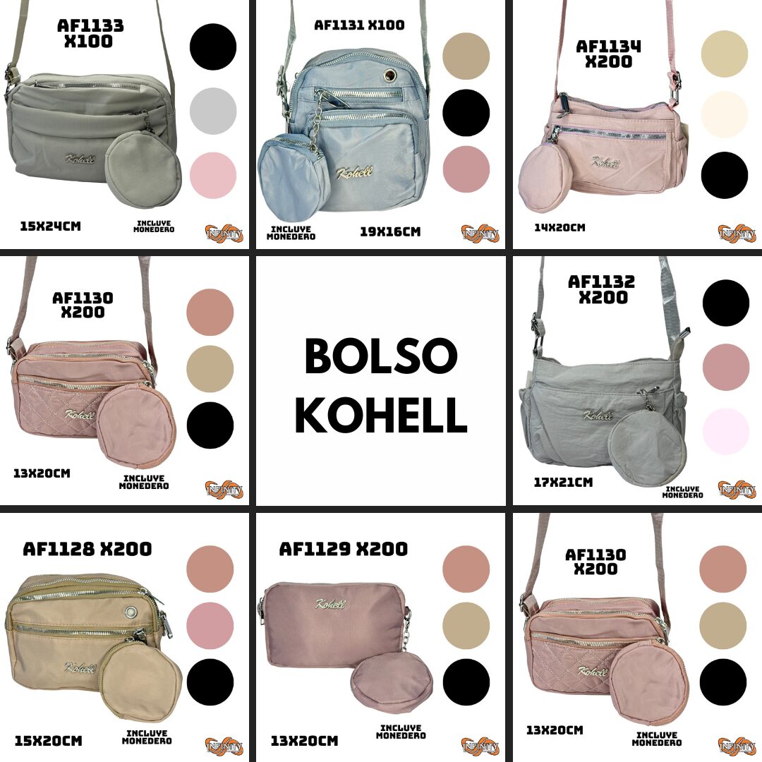 Bolso cruzado Kohell gris 15x24cm con monedero, varios colores disponibles.