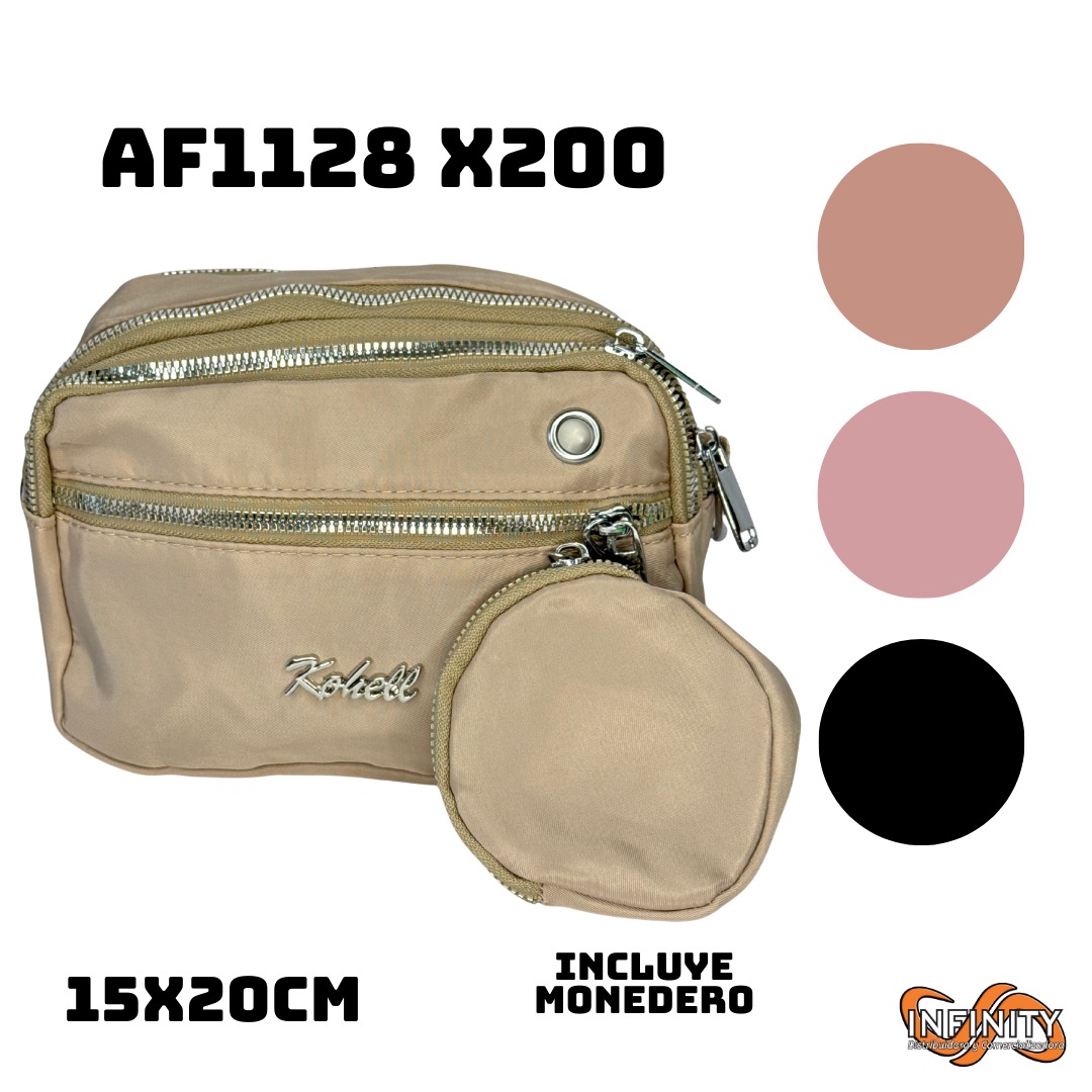 Bolso cruzado beige Kohell 15x20cm con monedero desmontable y cremalleras plateadas. Incluye muestras de color: rosa pálido, salmón y negro.
