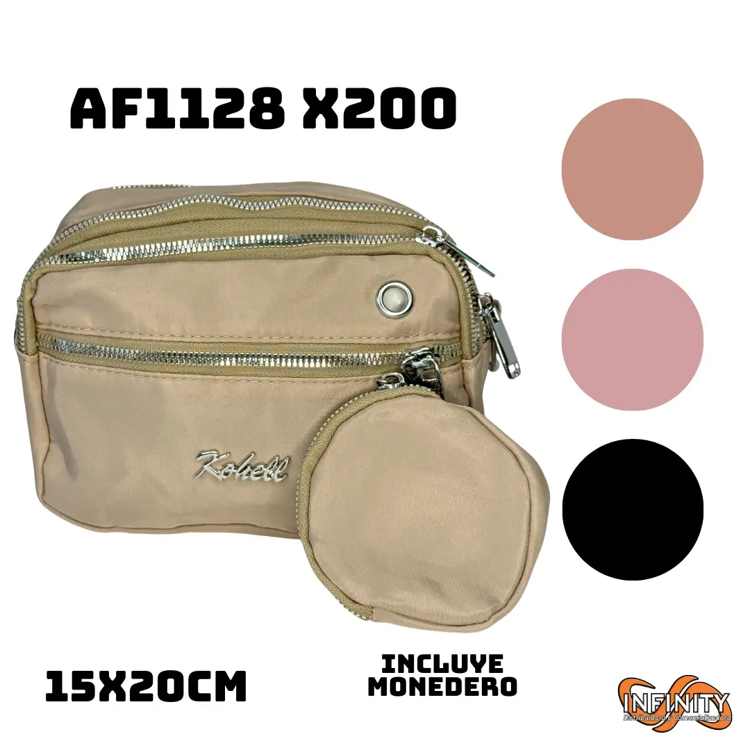 Bolso cruzado beige Kohell 15x20cm con monedero desmontable y cremalleras plateadas. Incluye muestras de color: rosa pálido, salmón y negro.