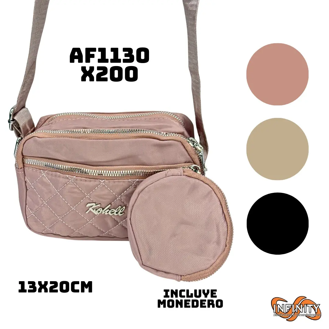 Bolso cruzado rosa pálido Kohell 13x20cm, con monedero desmontable y tres círculos de colores: rosa, beige y negro.