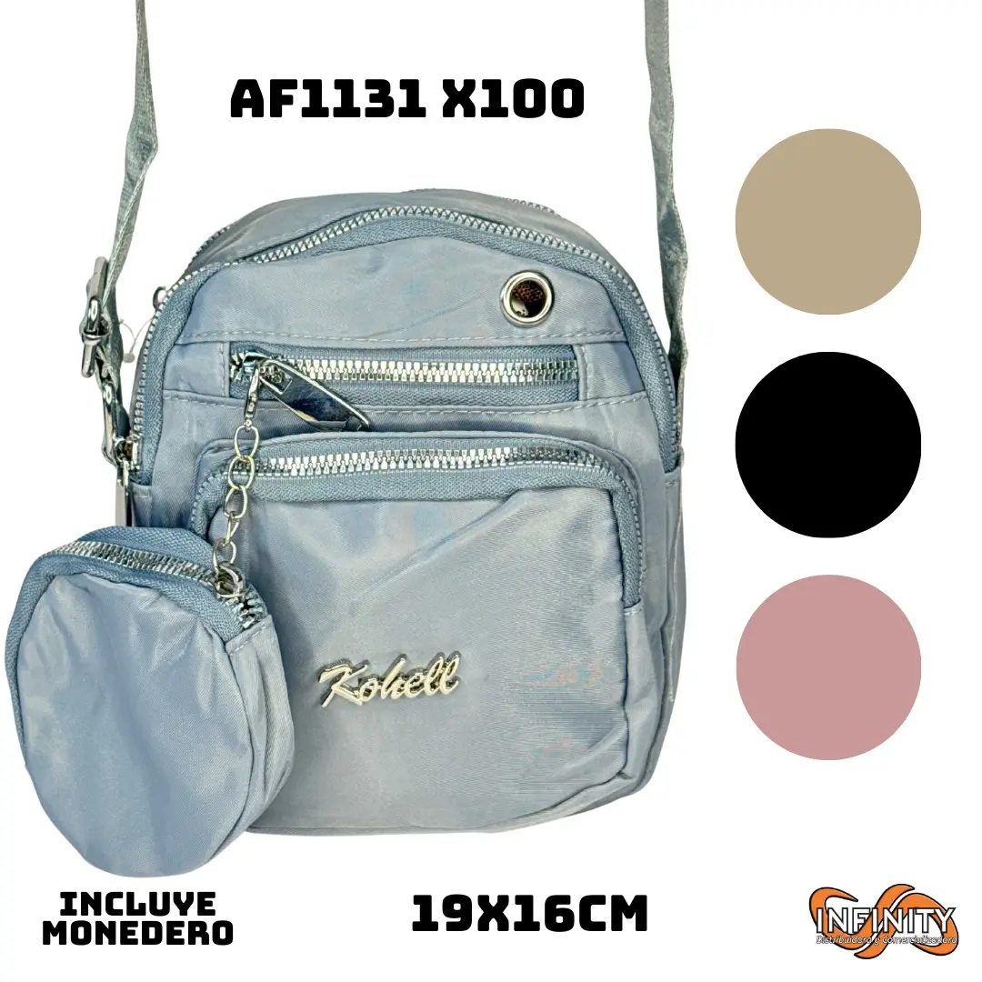 Bolso cruzado gris claro Kohell 19x16cm, con monedero colgante y tres círculos de colores: beige, negro y rosado.
