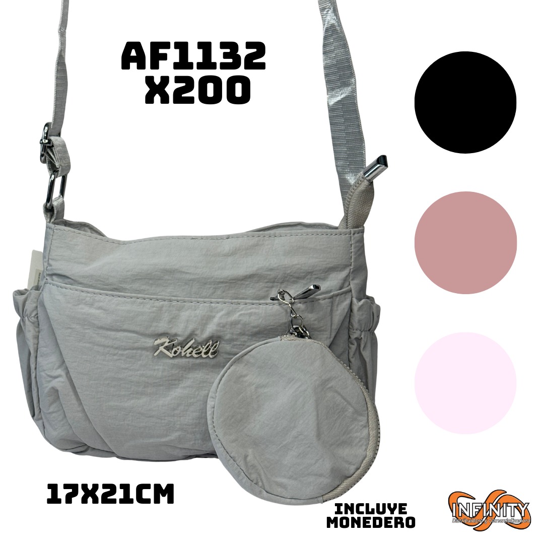 Bolso cruzado gris claro Kohell para mujer, 17x21cm, con monedero colgante y correa ajustable.