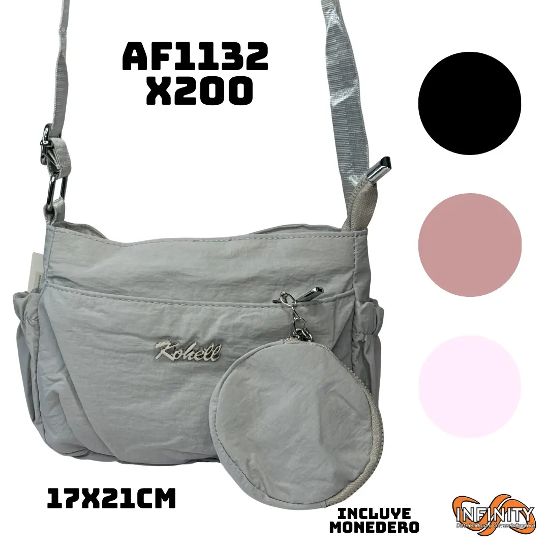 Bolso cruzado gris claro Kohell para mujer, 17x21cm, con monedero colgante y correa ajustable.
