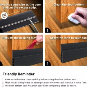 Tira negra autoadhesiva para sellar el borde inferior de puertas de madera contra corrientes y polvo.