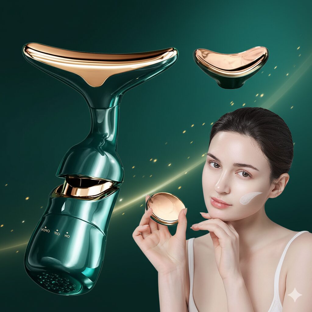 Masajeador facial eléctrico verde esmeralda y dorado, con cabezal en forma de U y accesorio redondo, para tonificar y rejuvenecer la piel.