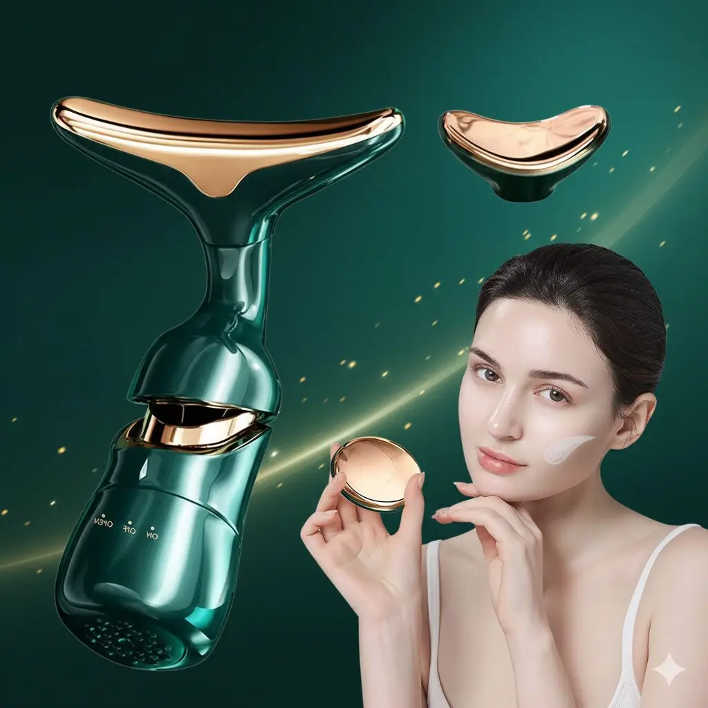 Masajeador facial eléctrico verde esmeralda y dorado, con cabezal en forma de U y accesorio redondo, para tonificar y rejuvenecer la piel.