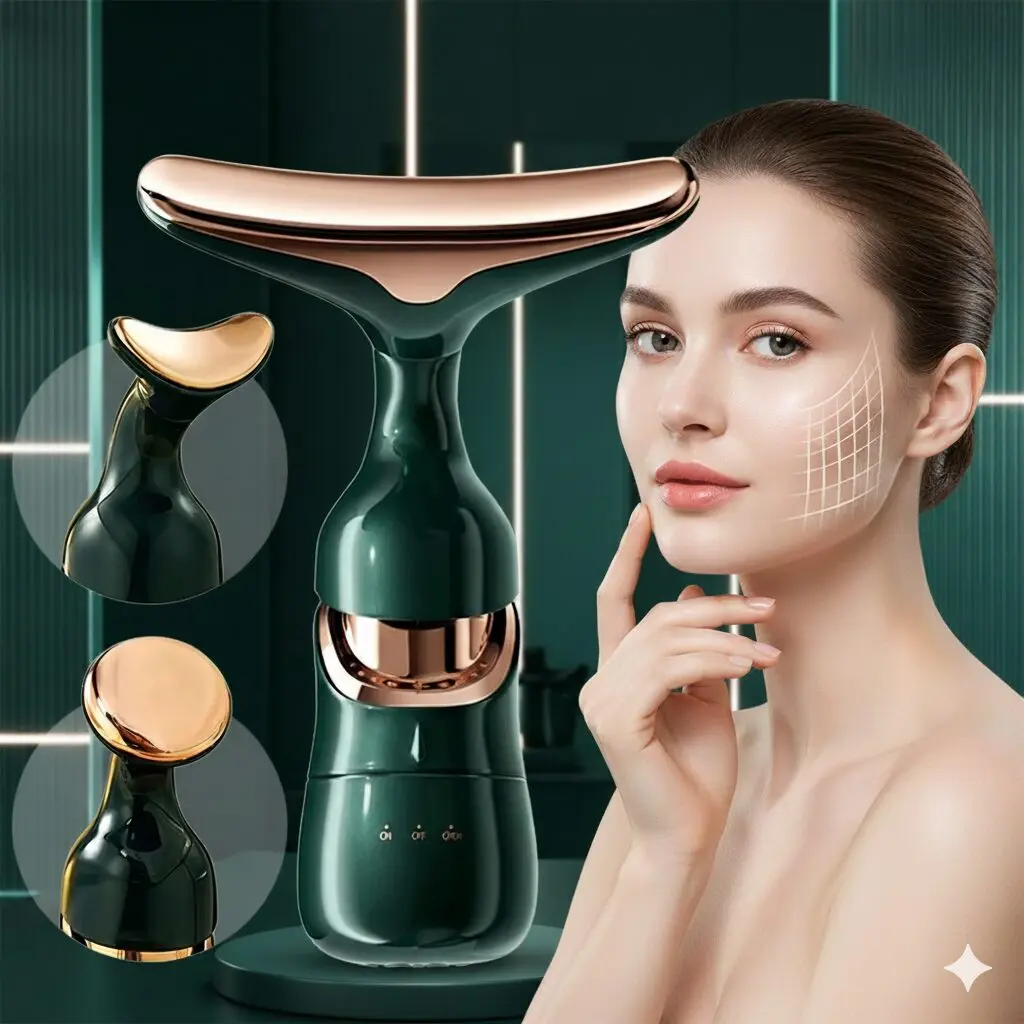 Masajeador facial eléctrico verde con detalles dorados, para tonificar y rejuvenecer la piel.