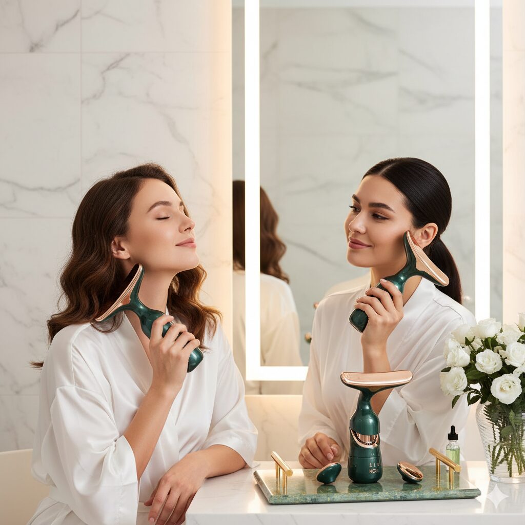 Mujeres usan masajeadores faciales eléctricos verdes con calor y vibración para tonificar la piel.