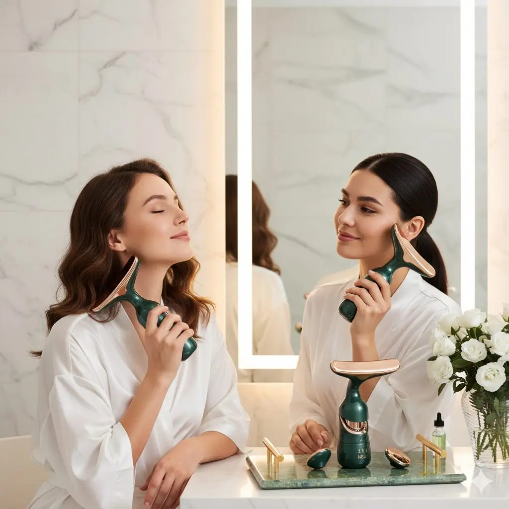 Mujeres usan masajeadores faciales eléctricos verdes con calor y vibración para tonificar la piel.