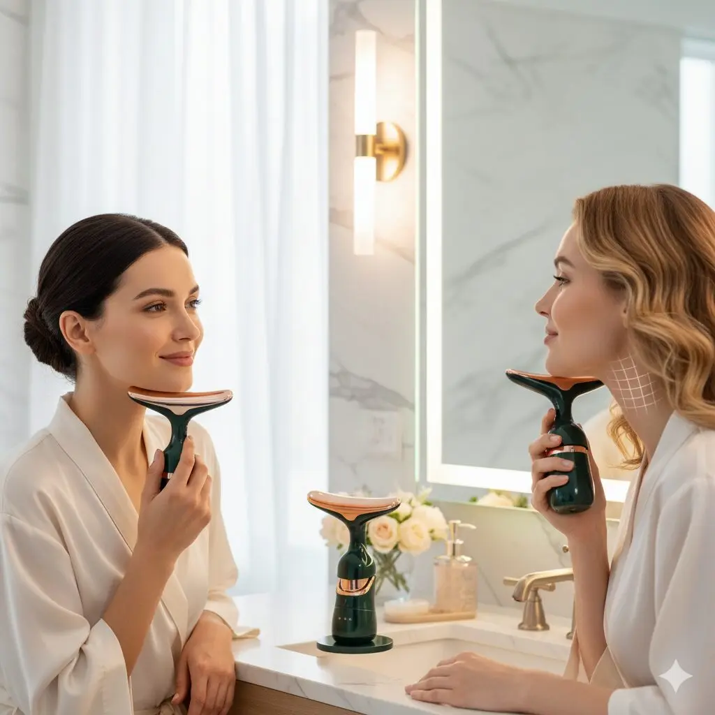 Mujeres usando masajeador facial eléctrico verde con calor y vibración, para tonificar cuello y rostro.