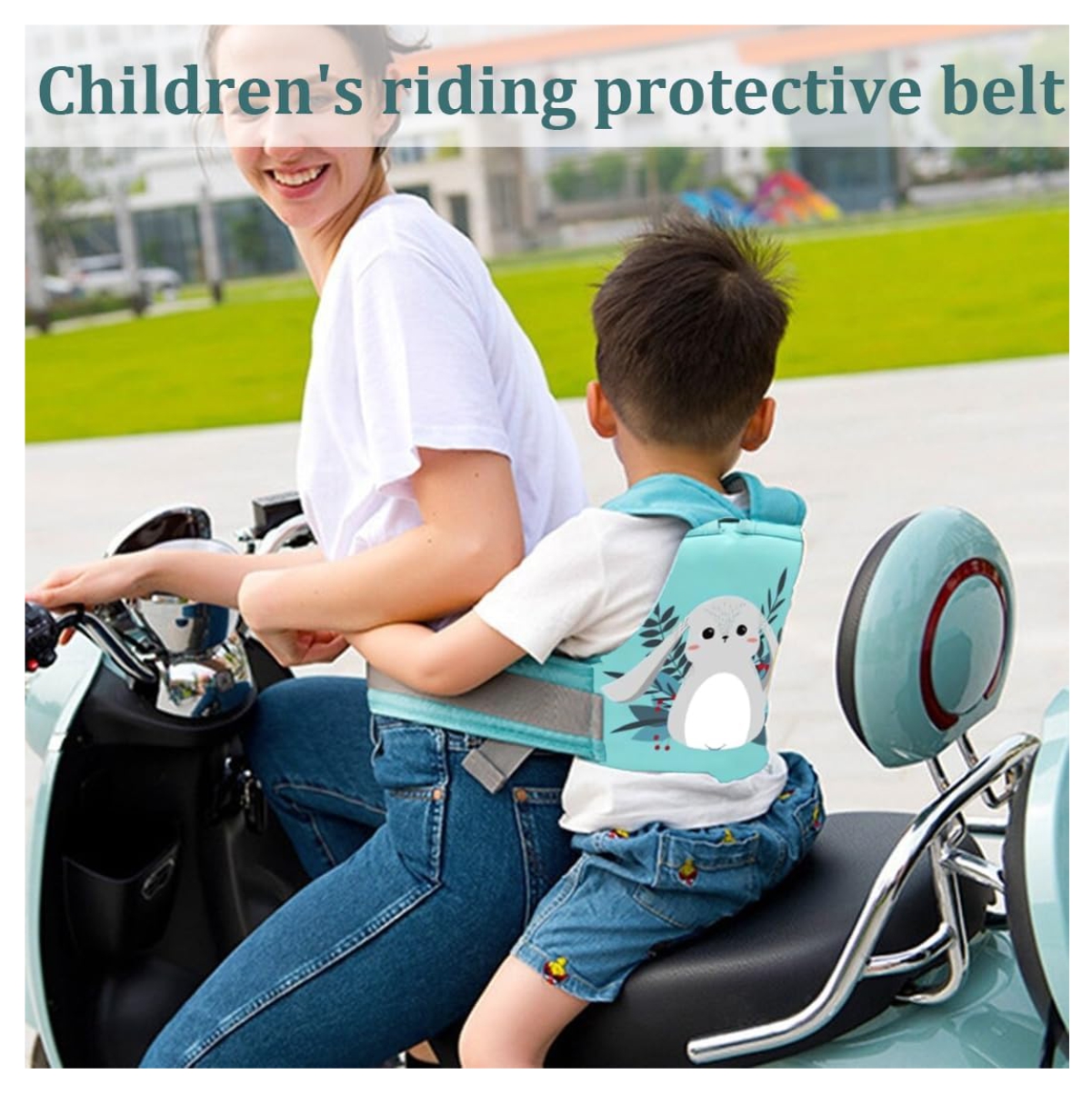 Chaleco arnés de seguridad para bebé en moto, color azul con estampado de conejo, para viajar cómodo y seguro.