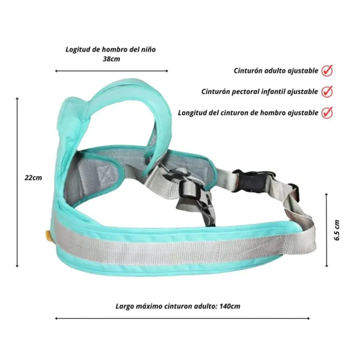 Chaleco arnés de seguridad para bebé en color turquesa, con cinturón ajustable de 140cm y medidas de 22cm de alto.