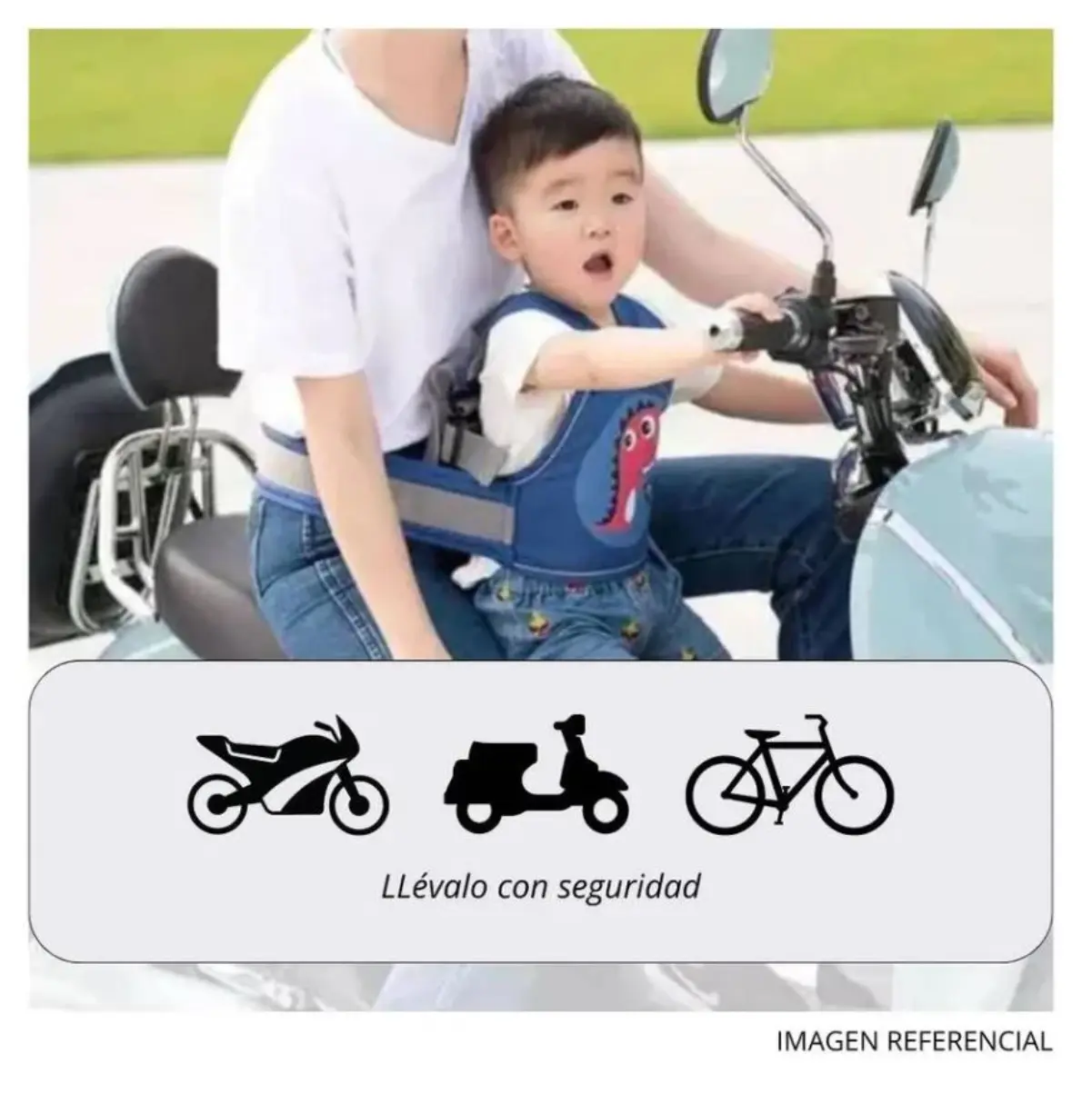 Chaleco arnés de seguridad azul para bebé, con dinosaurio, para moto, scooter y bicicleta.