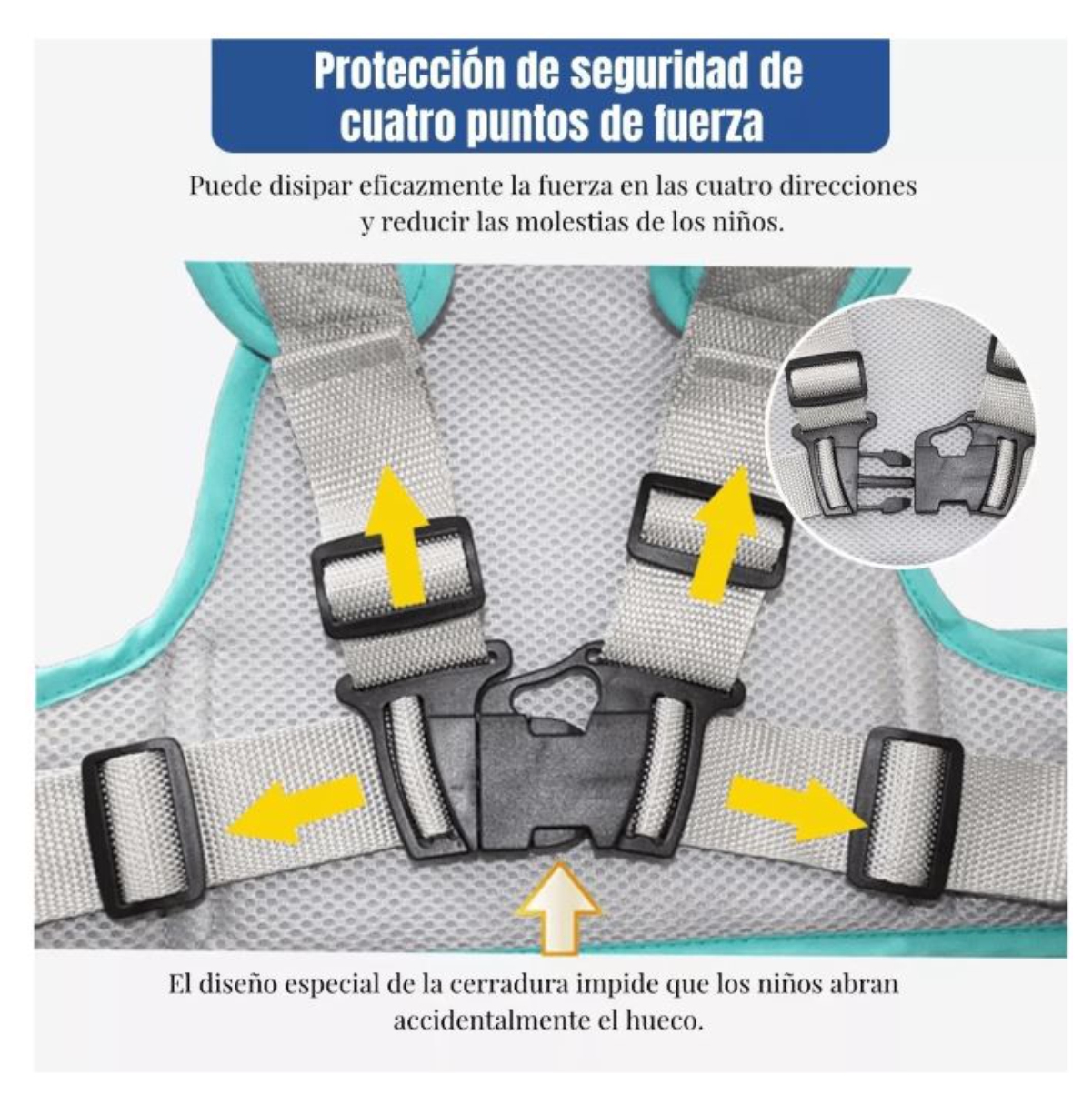 Chaleco arnés de seguridad para bebé con hebilla de 4 puntos, ideal para viajes en moto.