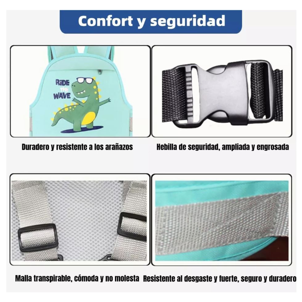 Chaleco arnés de seguridad para bebé en moto, color azul claro con diseño de dinosaurio, hebilla resistente y malla transpirable.