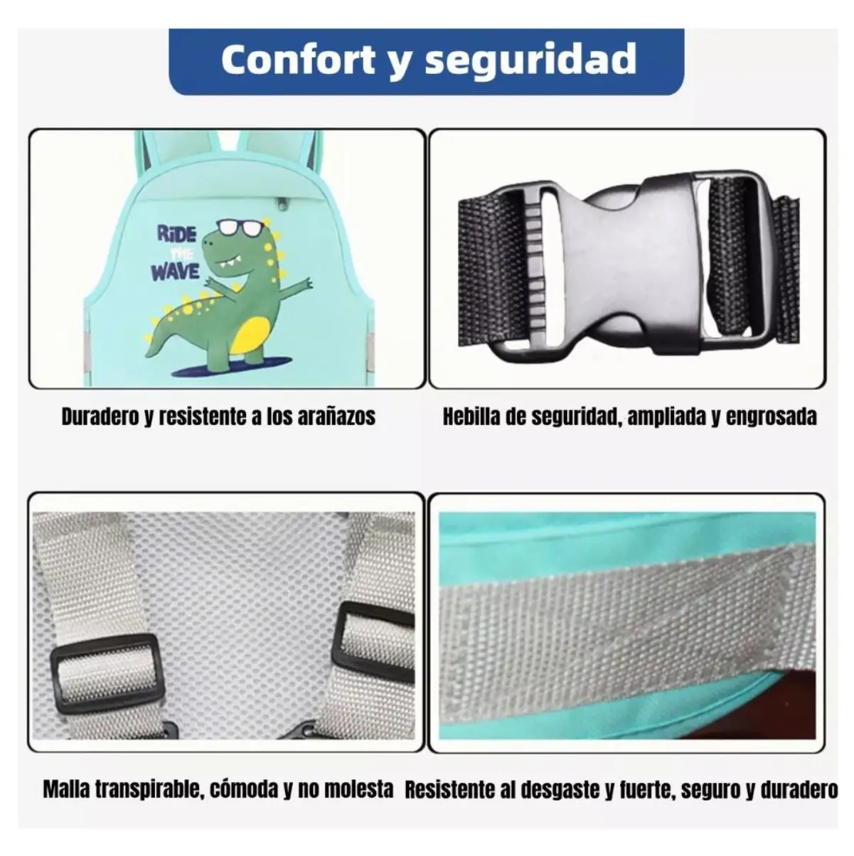 Chaleco arnés de seguridad para bebé en moto, color azul claro con diseño de dinosaurio, hebilla resistente y malla transpirable.