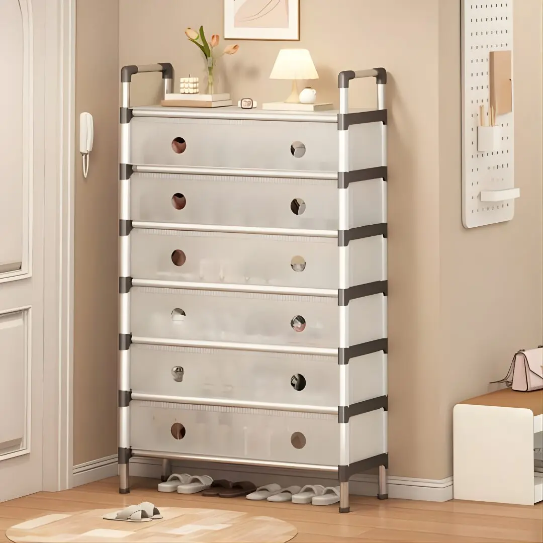 Zapatero de 7 niveles con cajones translúcidos y asas plateadas, ideal para organizar calzado.