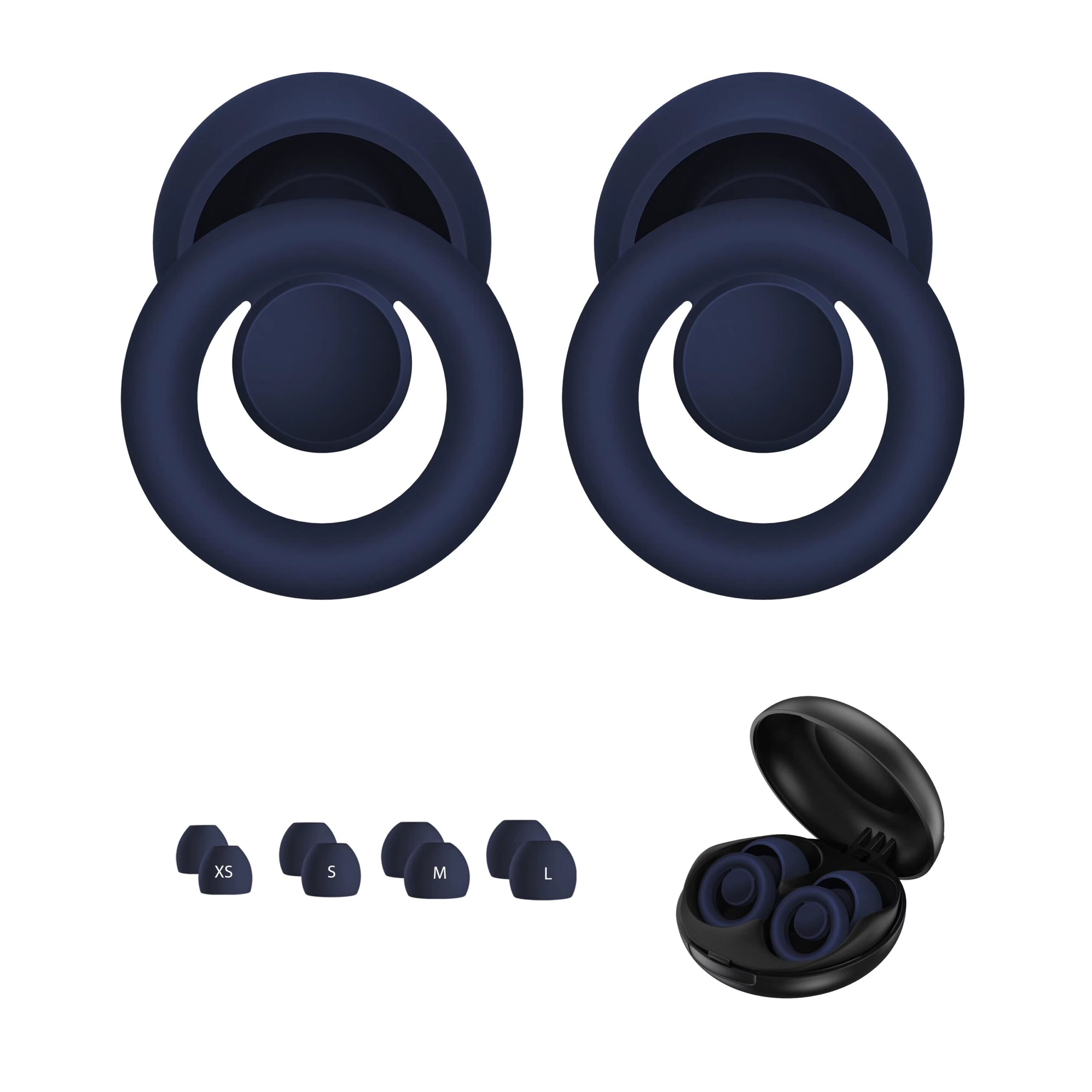 Tapones de oído azules de silicona ultra, de diferentes tamaños y estuche de carga.