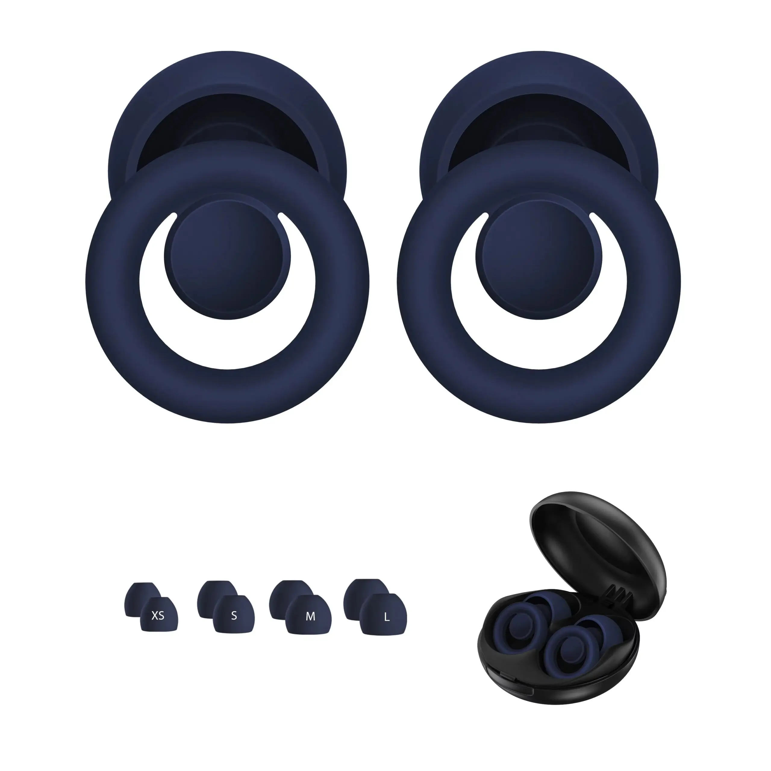 Tapones de oído azules de silicona ultra, de diferentes tamaños y estuche de carga.