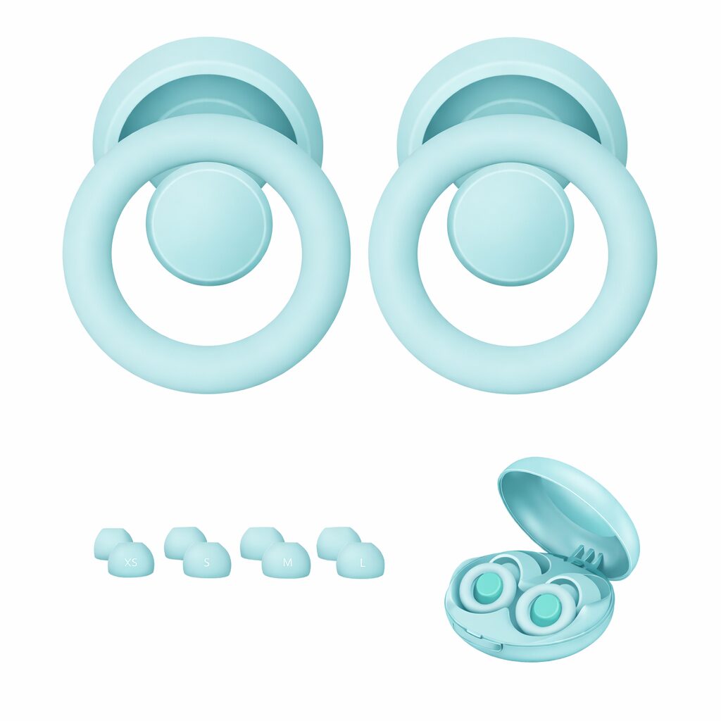 Tapa oídos antiruido Earplugs Ultra en color azul claro, con varios tamaños y estuche, ideal para reducir el ruido.