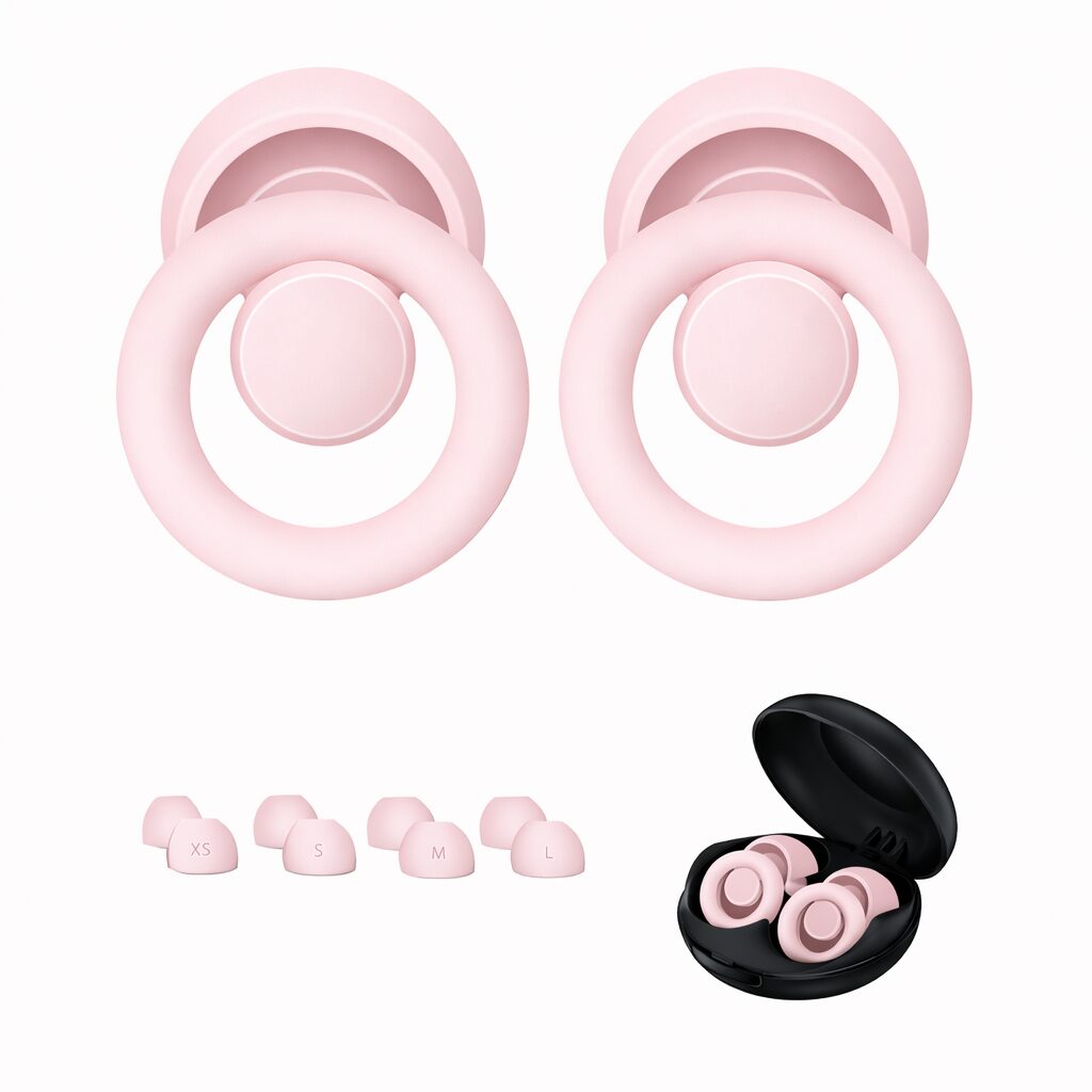 Tapa oídos antiruido rosa pastel, incluye estuche y puntas de repuesto en tallas XS, S, M, L.