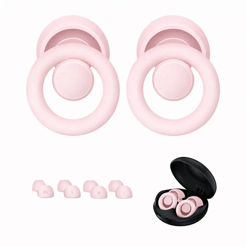 Tapa oídos antiruido rosa pastel, incluye estuche y puntas de repuesto en tallas XS, S, M, L.