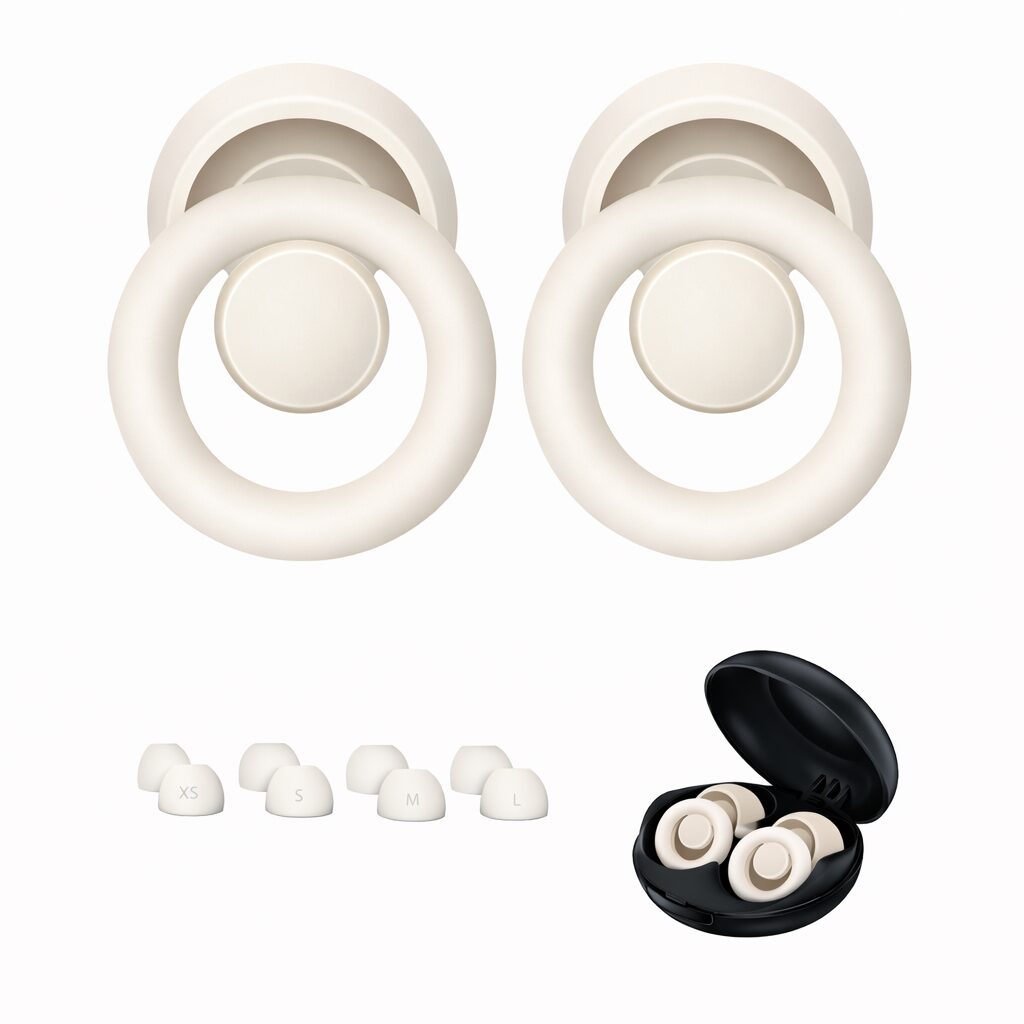 Tapa oídos antiruido Earplugs Ultra en blanco, incluye estuche y varios tamaños de almohadillas.