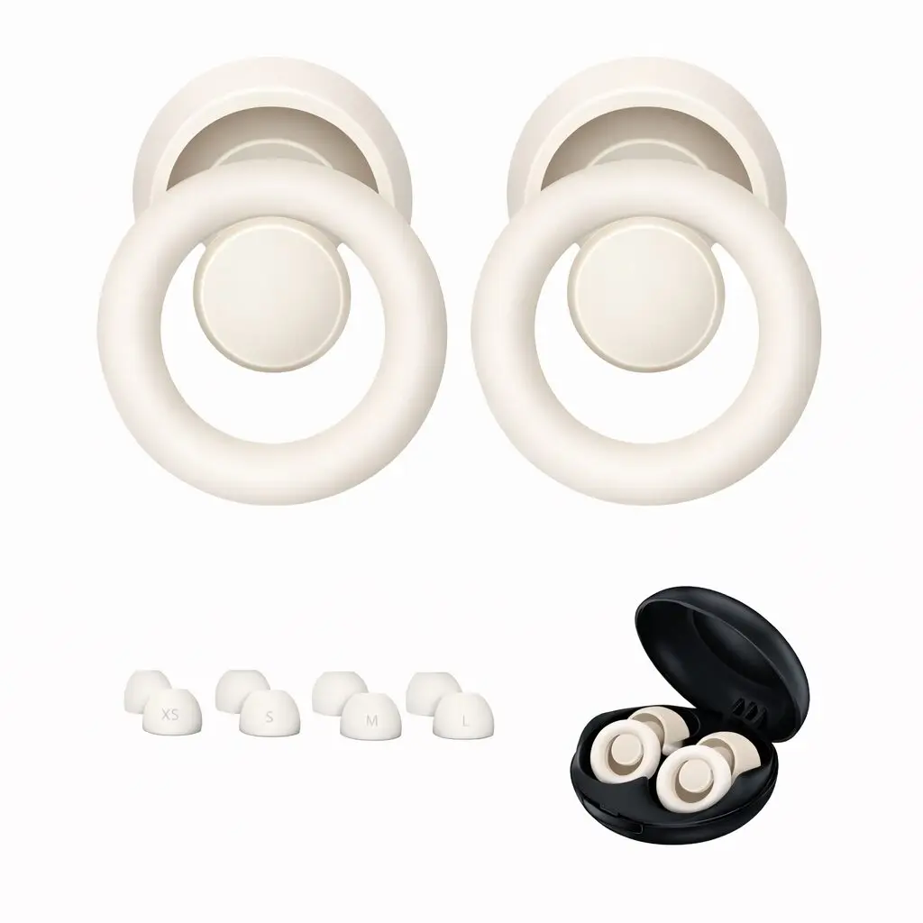 Tapa oídos antiruido Earplugs Ultra en blanco, incluye estuche y varios tamaños de almohadillas.