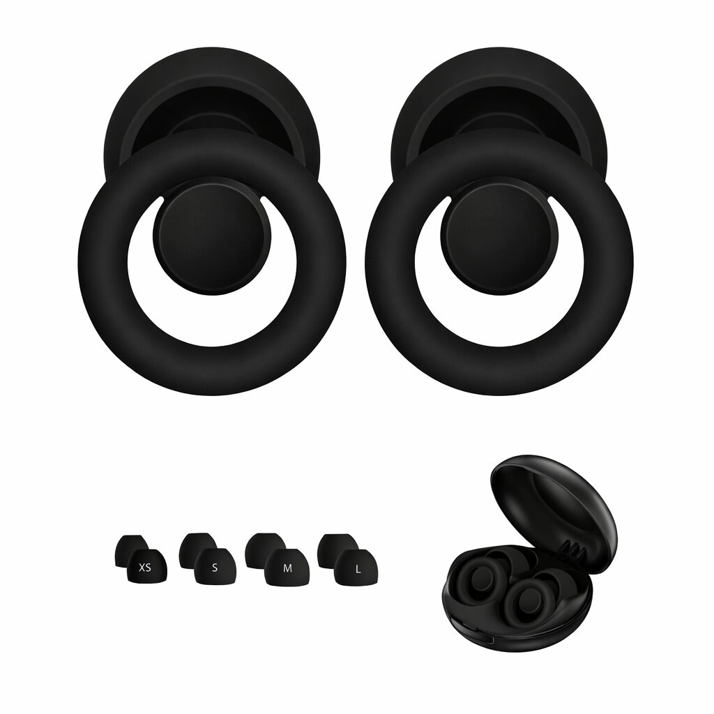 Tapa oídos antiruido Earplugs Ultra negros, varios tamaños, en estuche.