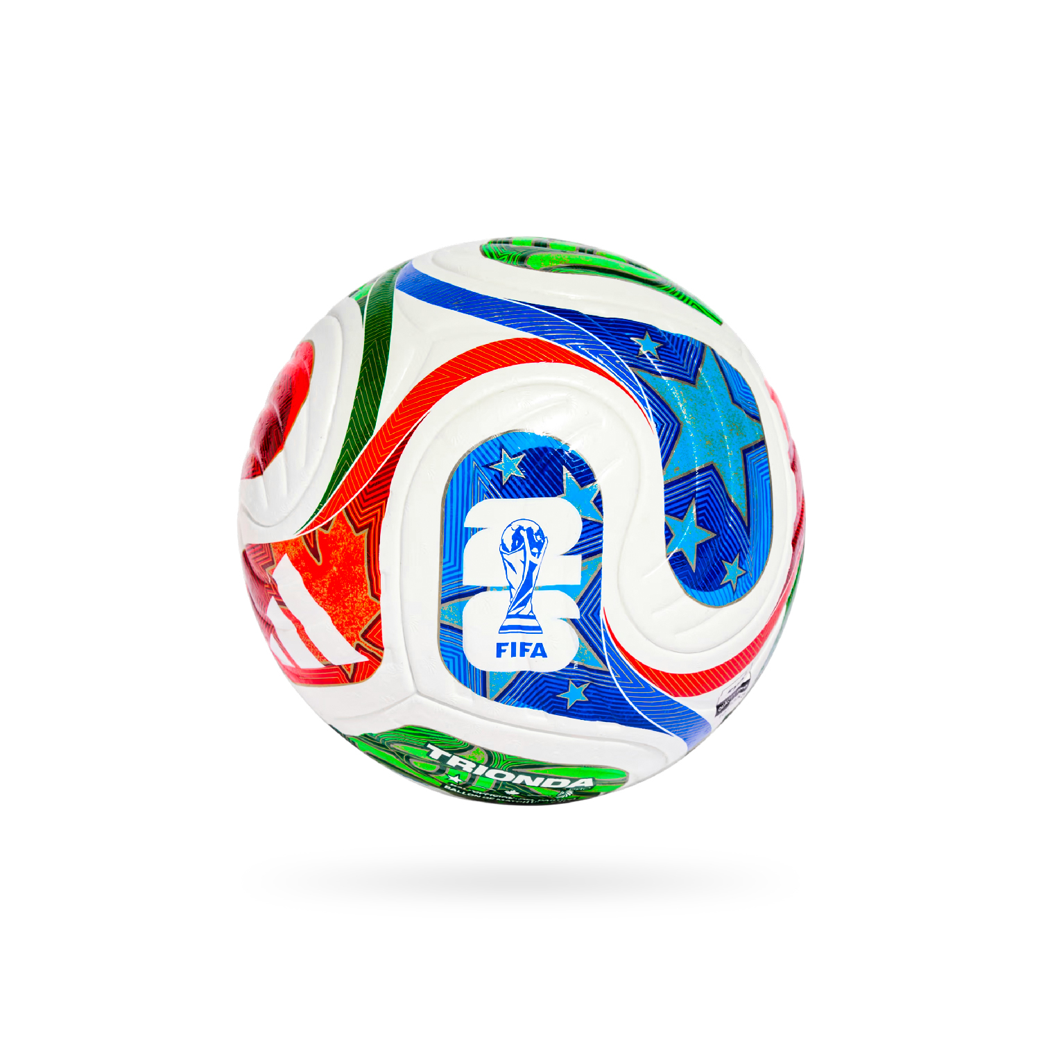 Balón de fútbol Trionda edición especial FIFA, diseño con estrellas azules y franjas rojas y verdes.