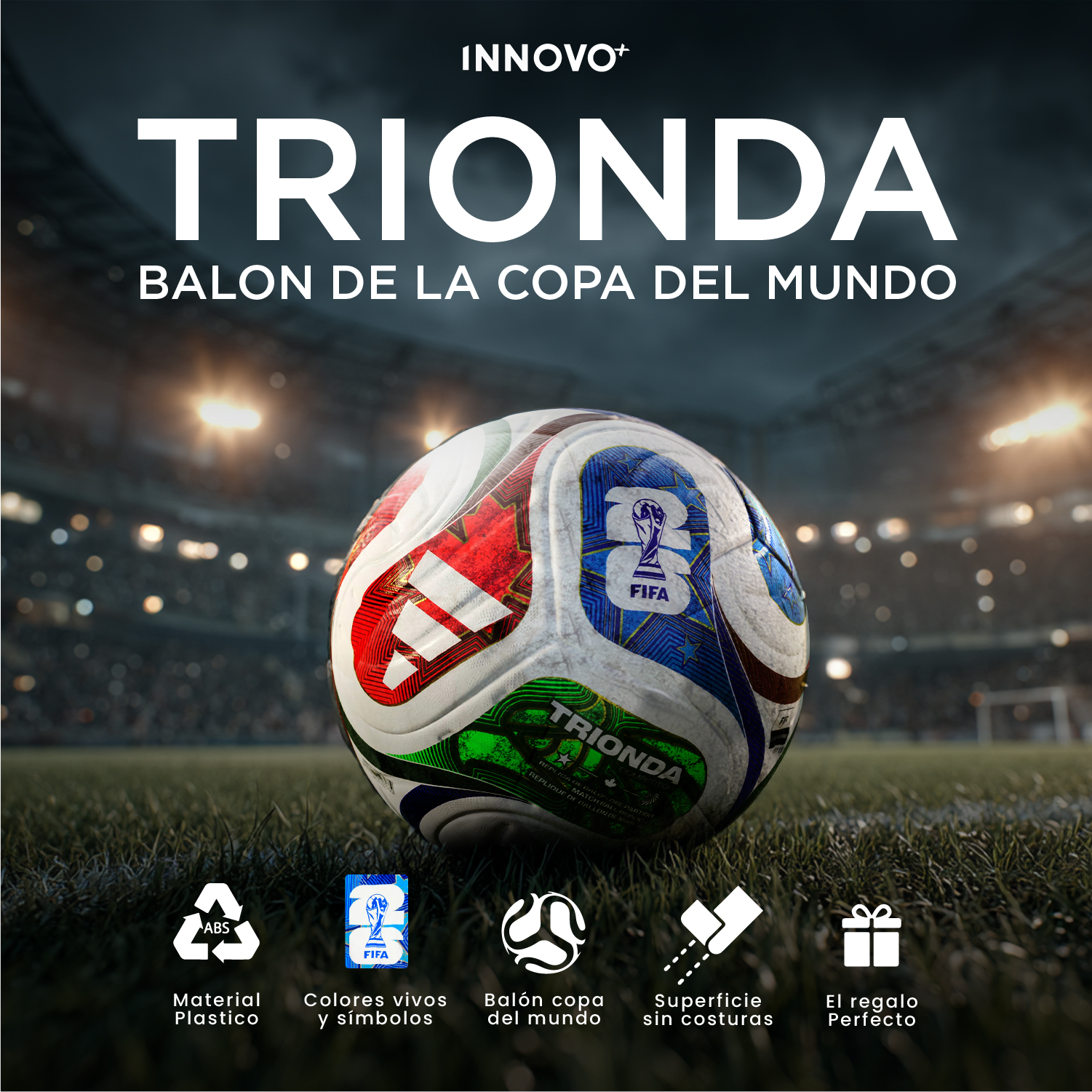 Balón de fútbol Trionda edición especial, similar al de la Copa del Mundo, sobre césped con estadio al fondo.