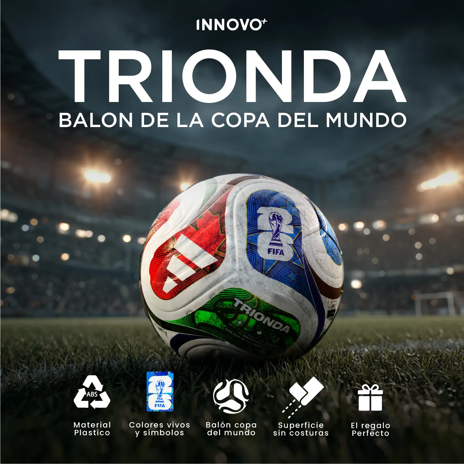 Balón de fútbol Trionda edición especial, similar al de la Copa del Mundo, sobre césped con estadio al fondo.
