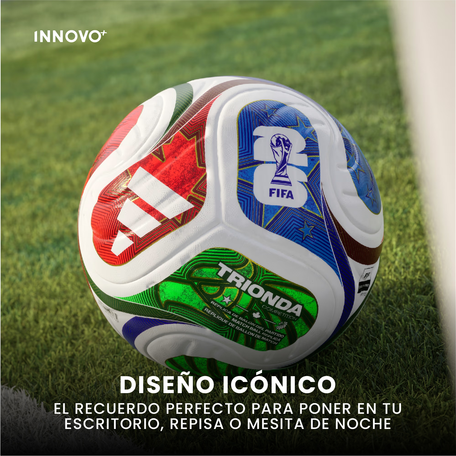 Balón de fútbol Trionda Adidas FIFA con diseño icónico en colores vibrantes sobre césped.