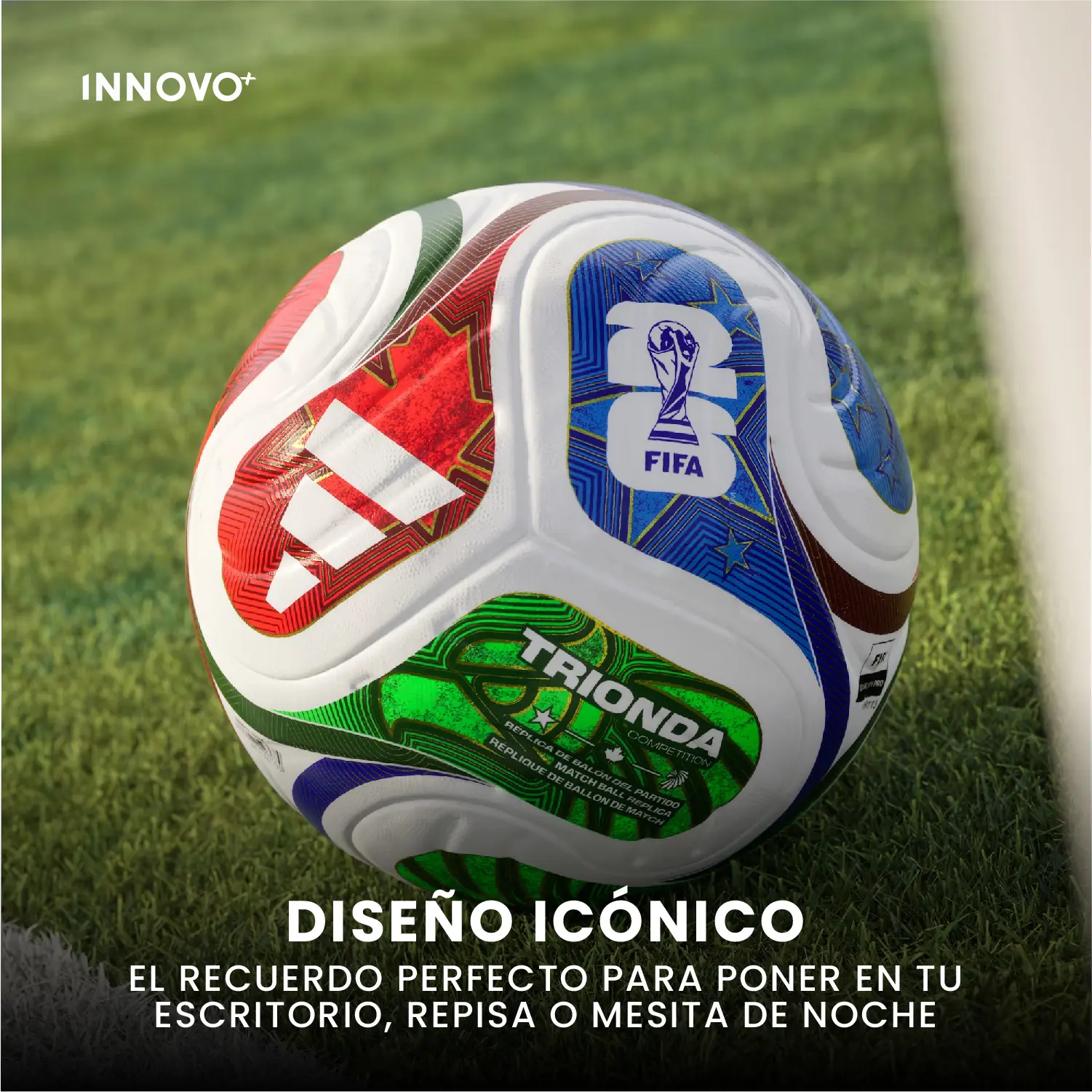 Balón de fútbol Trionda Adidas FIFA con diseño icónico en colores vibrantes sobre césped.