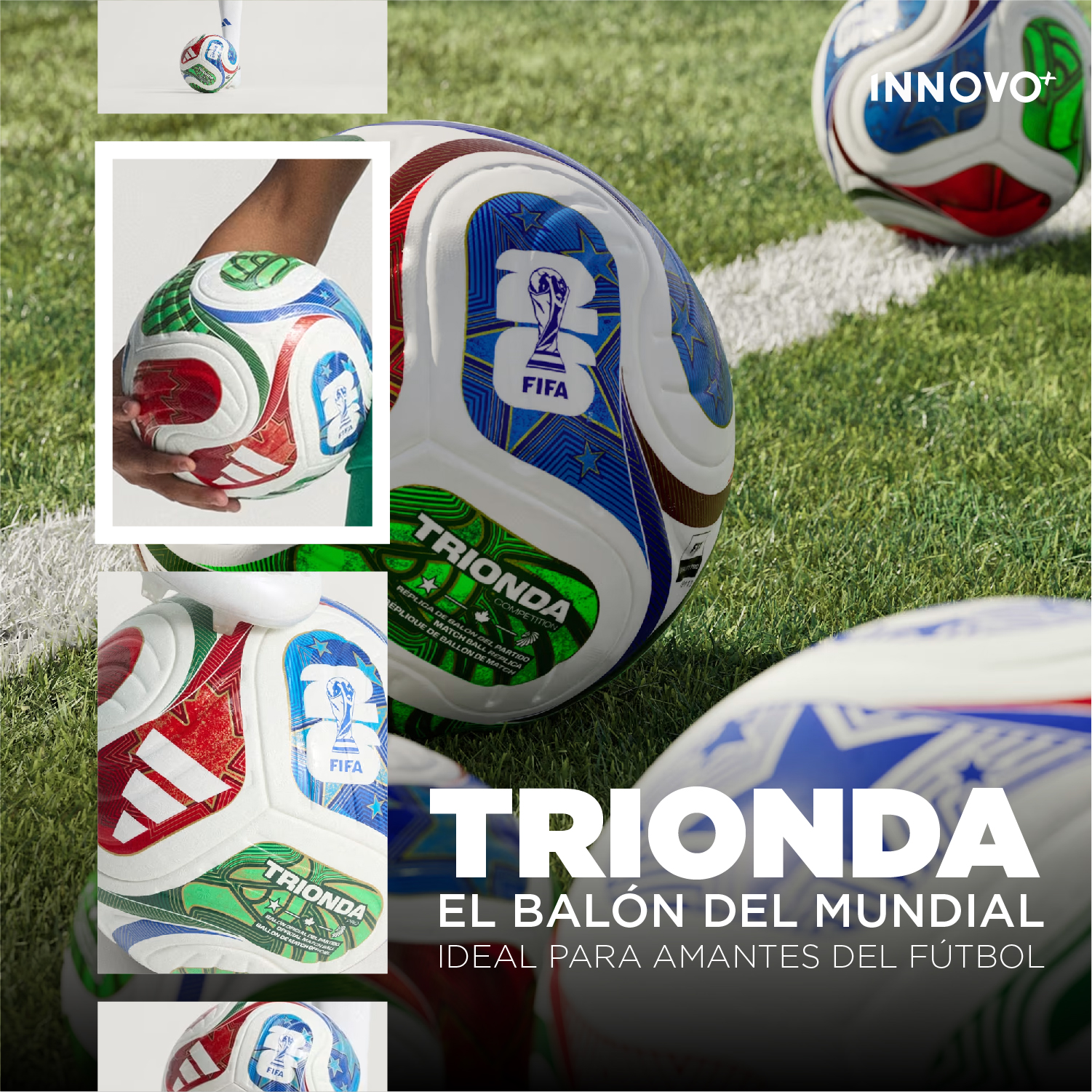 Balón de fútbol Trionda, edición especial, con diseño tricolor y logo FIFA, sobre césped.