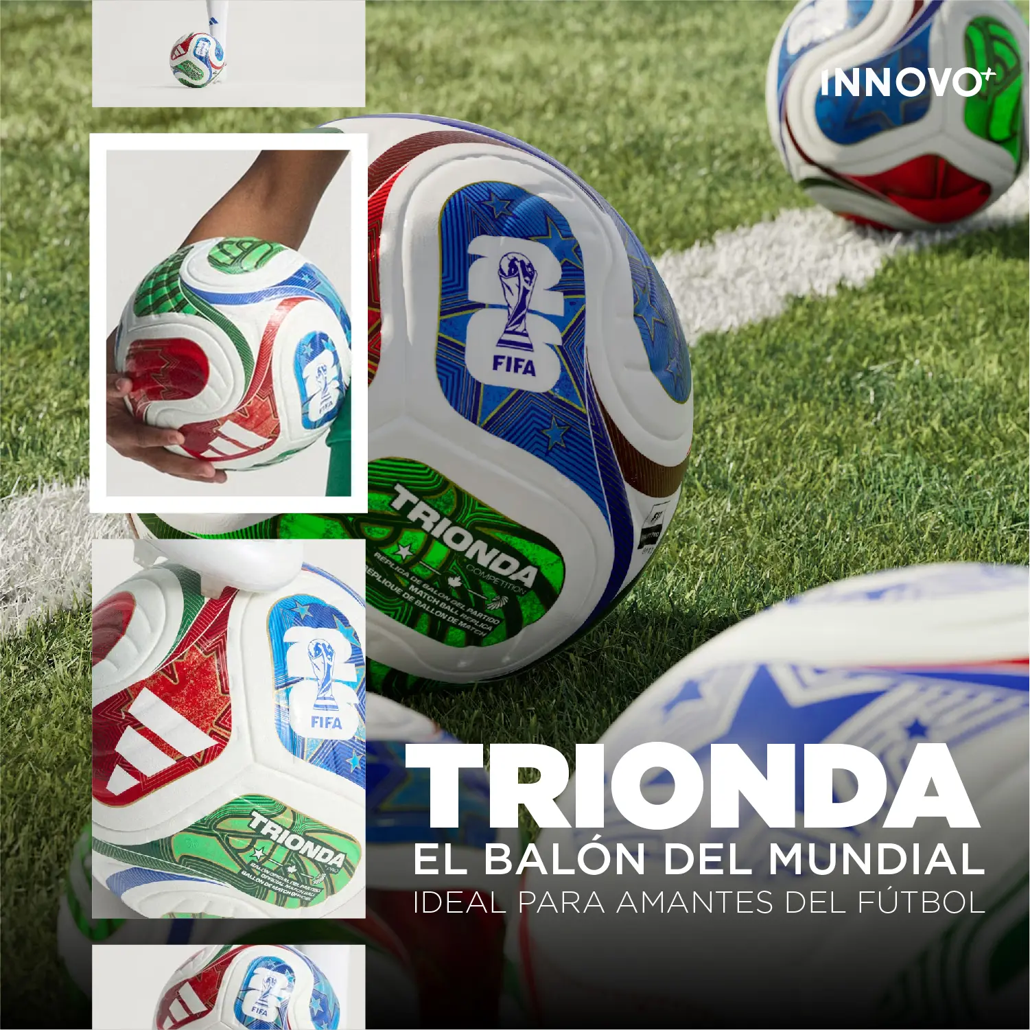 Balón de fútbol Trionda, edición especial, con diseño tricolor y logo FIFA, sobre césped.