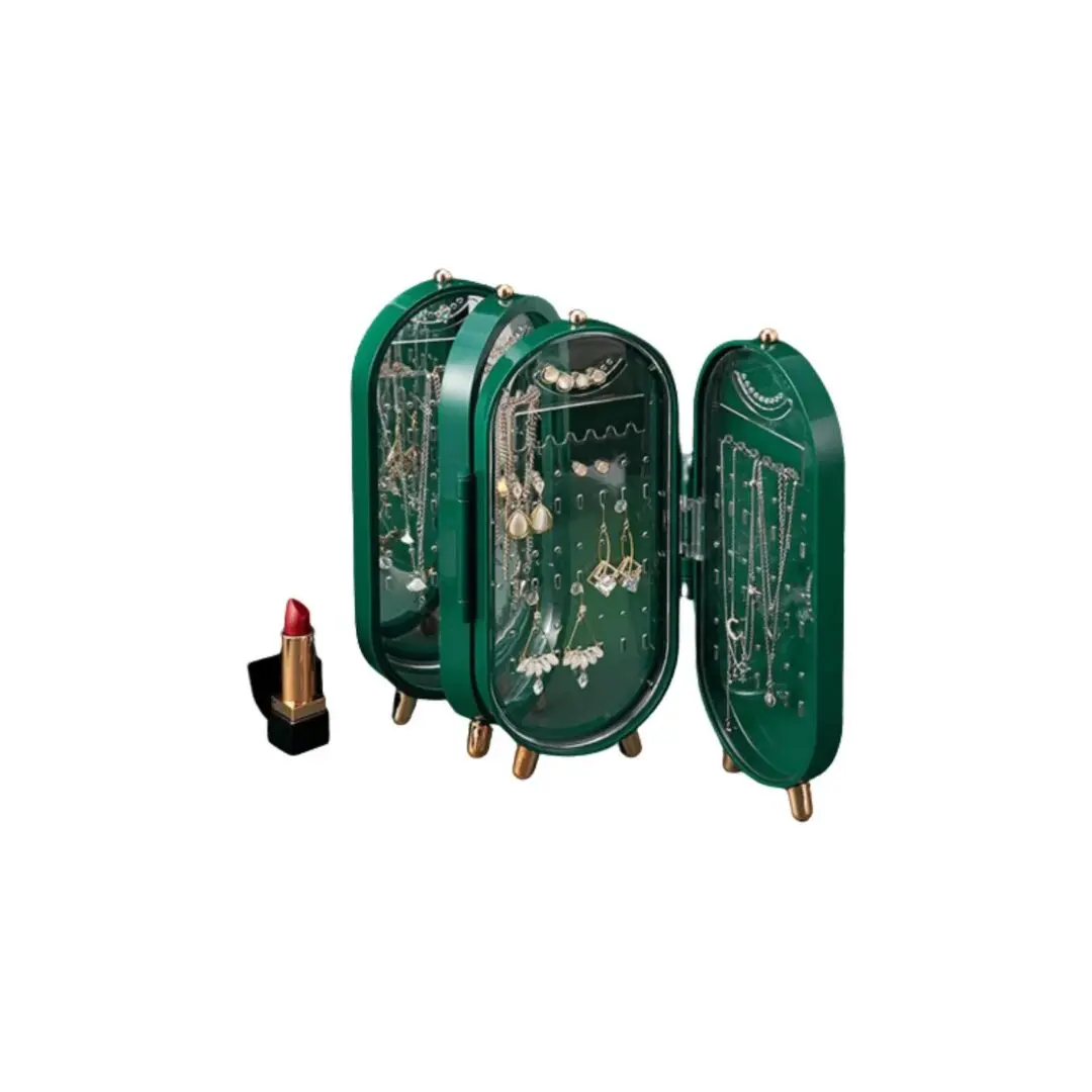 Organizador de joyas plegable verde con 3 secciones, soporte para collares y aretes.