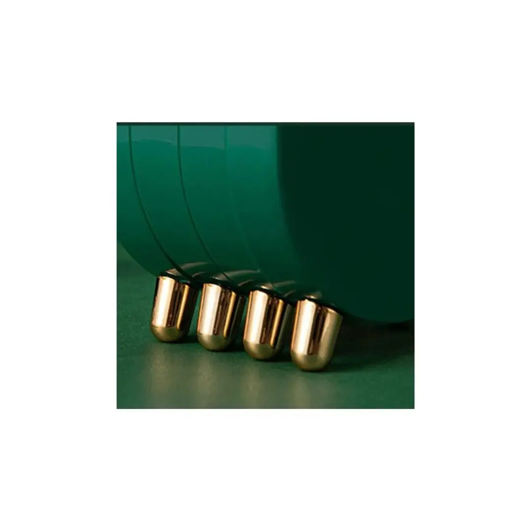 Organizador de joyas plegable, verde esmeralda, con soportes dorados en forma de bala.