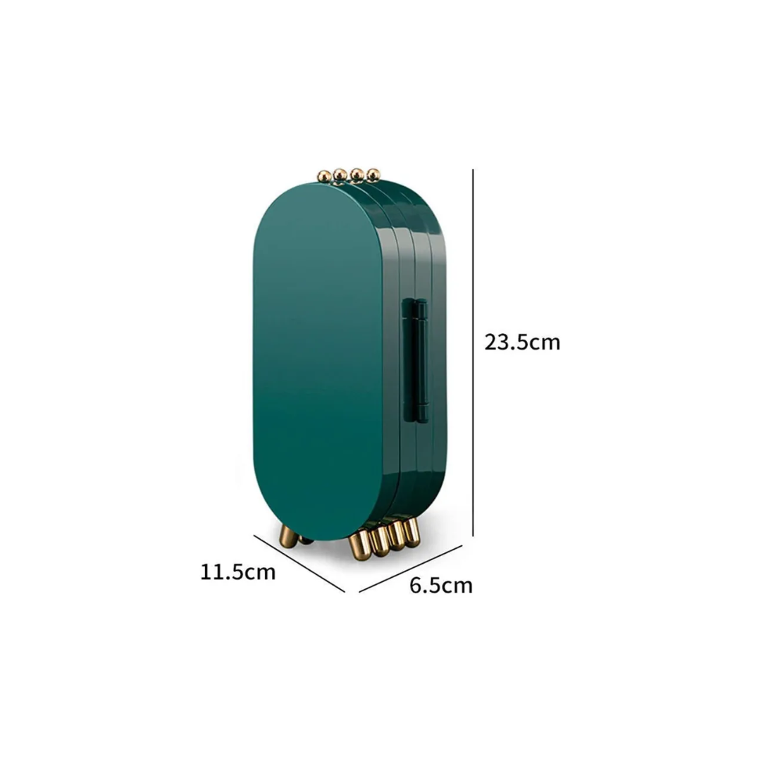 Organizador plegable de joyas verde esmeralda, ovalado, con detalles dorados en la base y manija lateral, medidas 23.5x11.5x6.5cm.