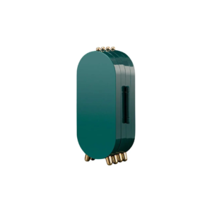 Organizador plegable de joyas color verde esmeralda, diseño curvo con patas doradas y asa vertical.
