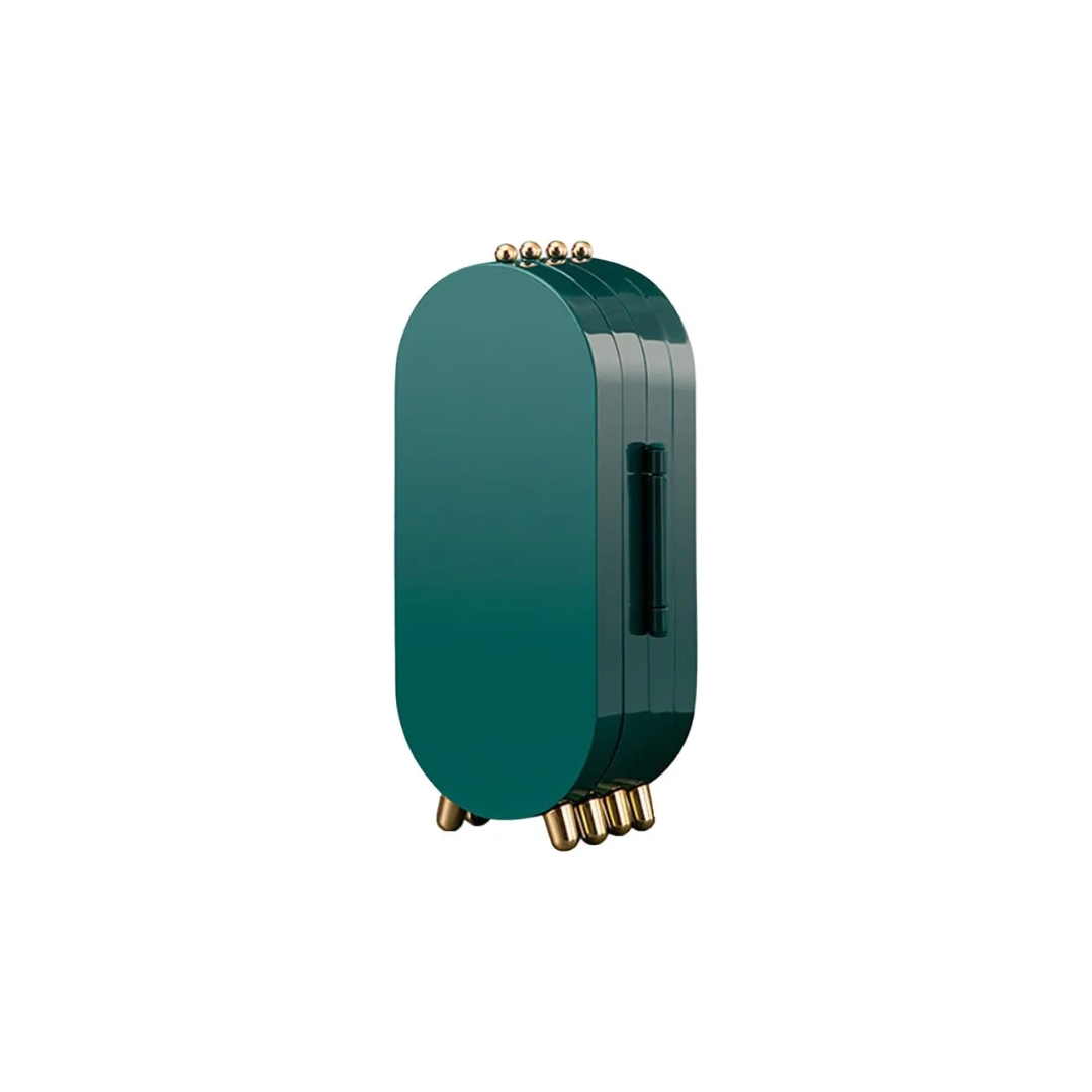 Organizador plegable de joyas color verde esmeralda, diseño curvo con patas doradas y asa vertical.