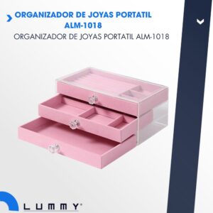 Organizador de joyas portátil rosado de 3 cajones, con divisiones internas y tiradores en cristal.