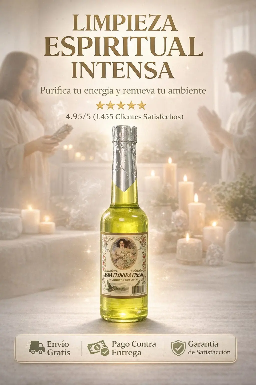 Botella de Agua Florida Fresh color verde lima con etiqueta vintage, rodeada de velas encendidas y un ambiente espiritual.