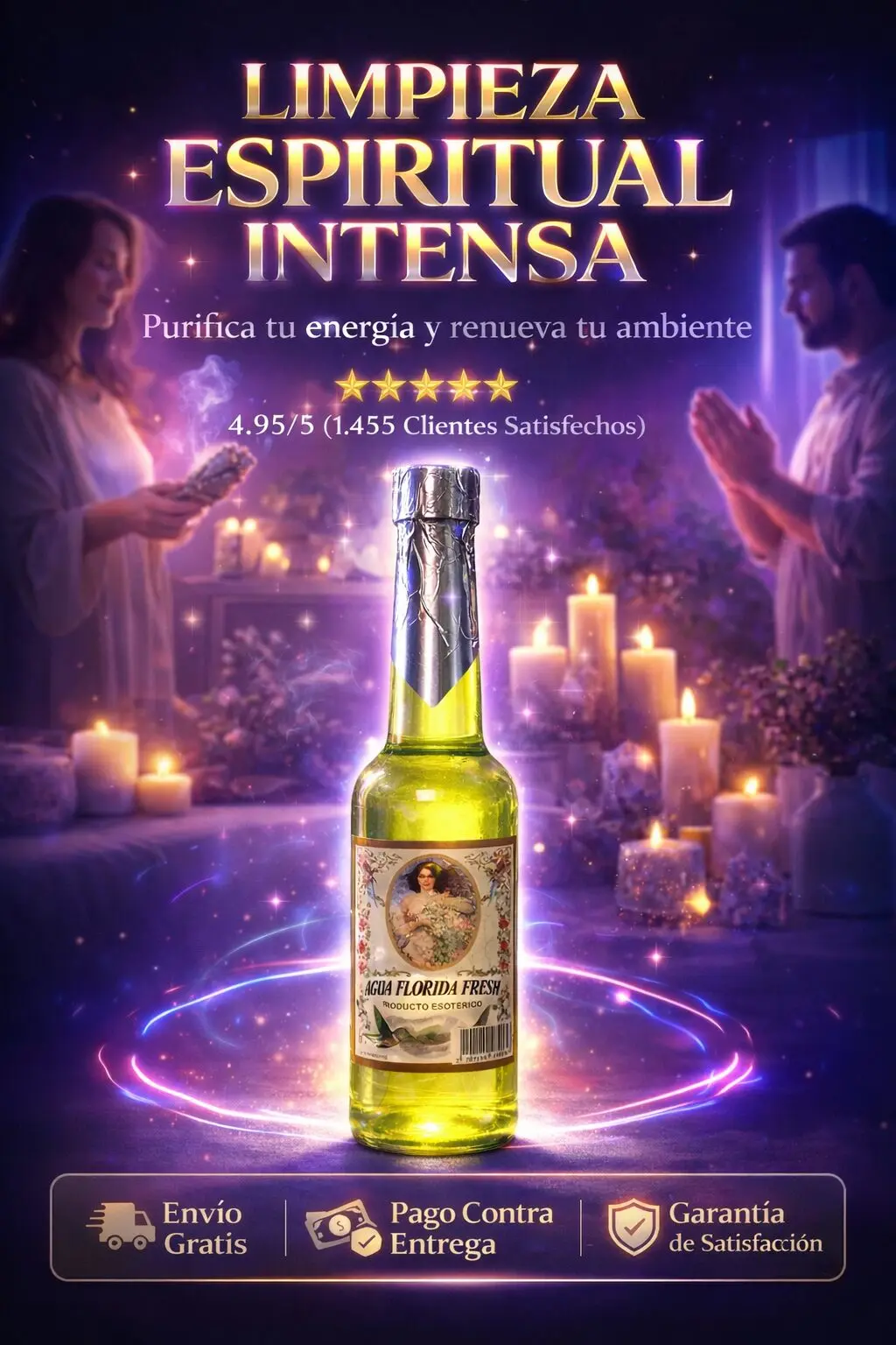 Botella de Agua Florida Fresh con etiqueta detallada y fondo místico, ideal para limpieza espiritual.