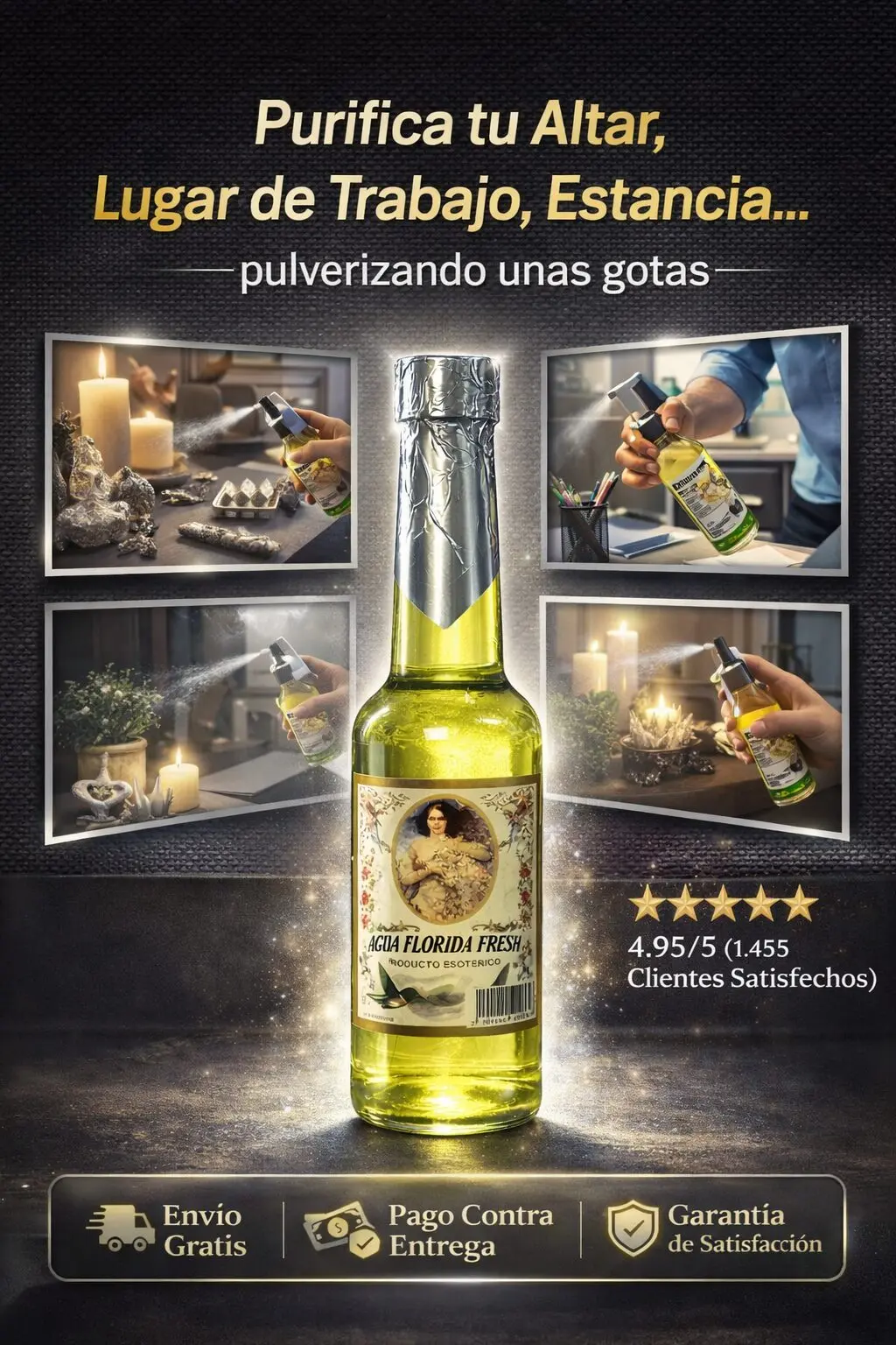 Botella de Agua Florida Fresh, líquido amarillo verdoso, con etiqueta de mujer y flores, usada para purificar espacios.