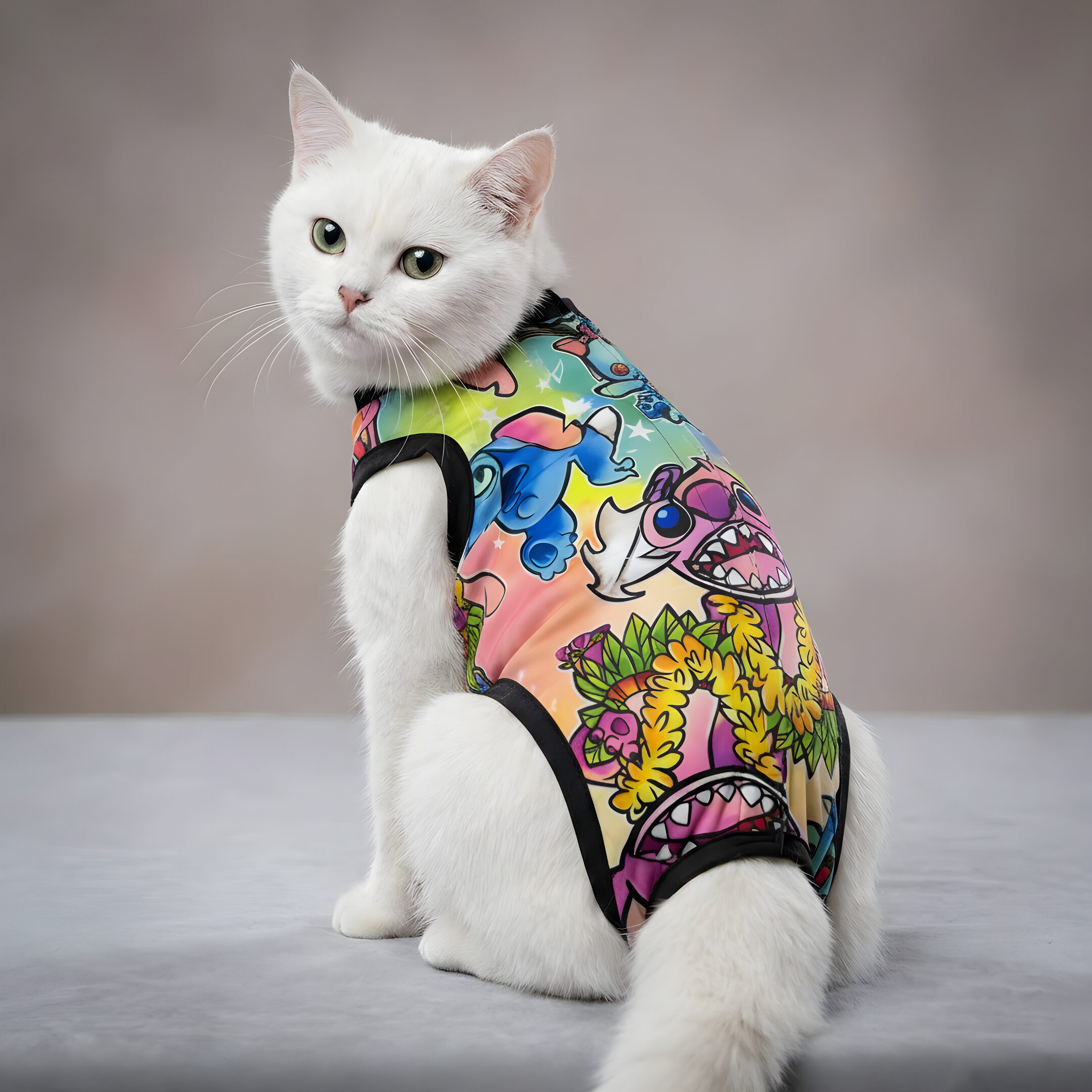 Gato blanco con camiseta colorida de Stitch y flores, posando sentado.