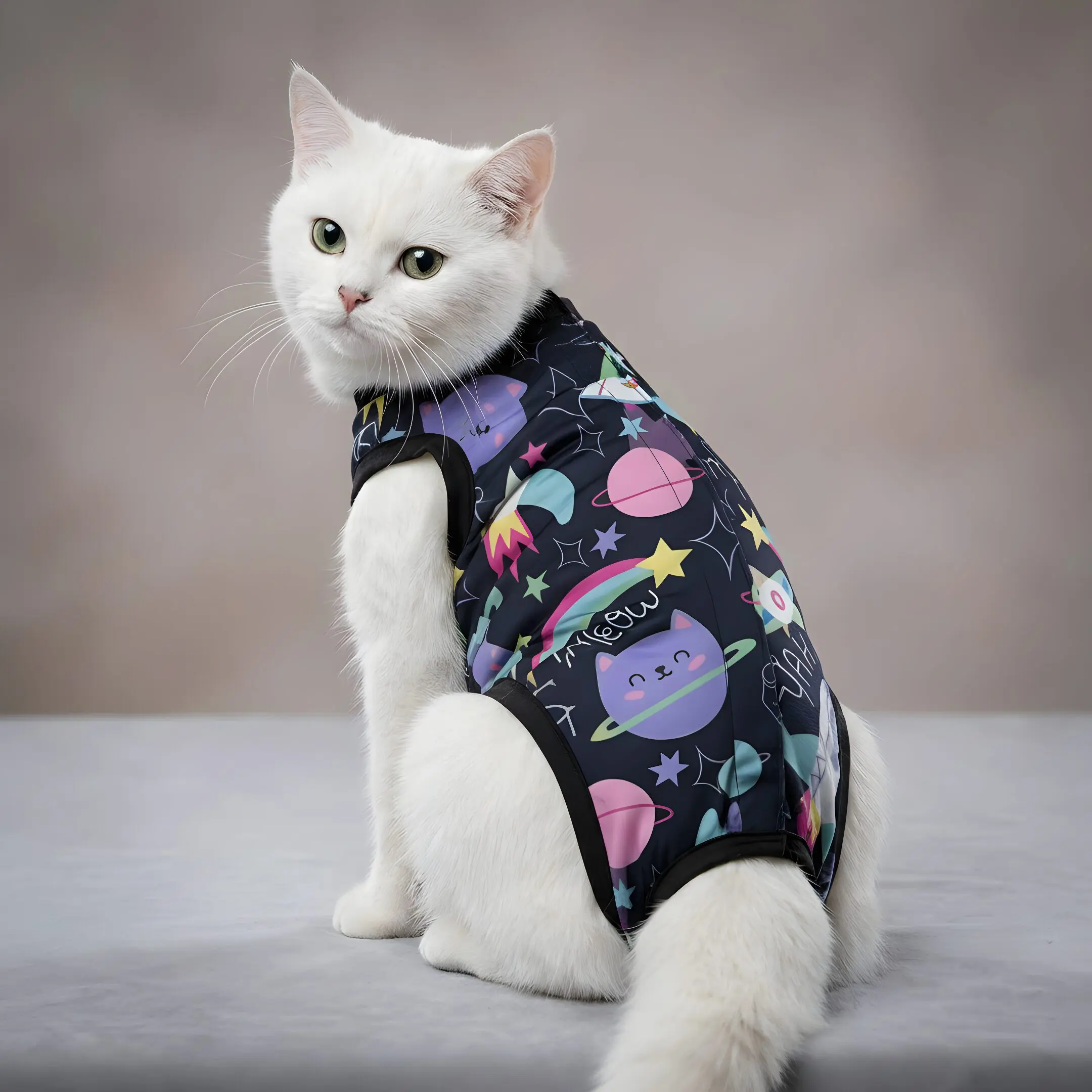 Gato blanco con traje espacial azul, protege heridas y acelera recuperación postoperatoria.