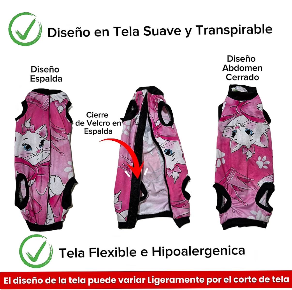 Faja quirúrgica para gatos con diseño de gatita Marie, tela suave, transpirable, cierre en espalda.