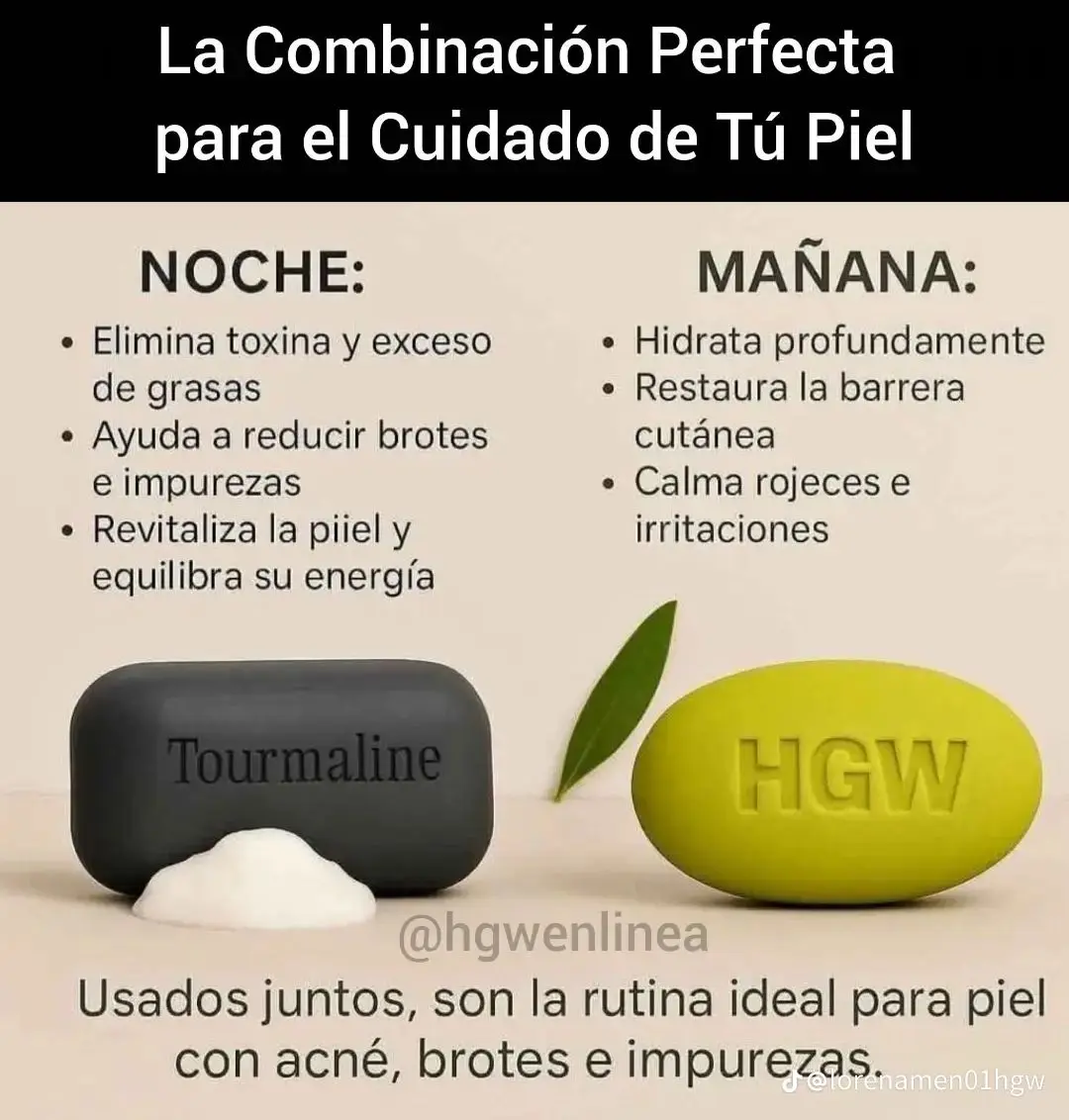 Jabones Turmalina negro y Oliva HGW verde, para rutina nocturna y matutina de cuidado facial.